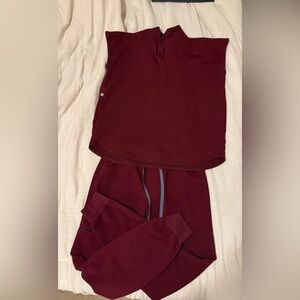 FIGS BURGUNDY Zamora high waisted jogger pants and Rafaela scrub top.